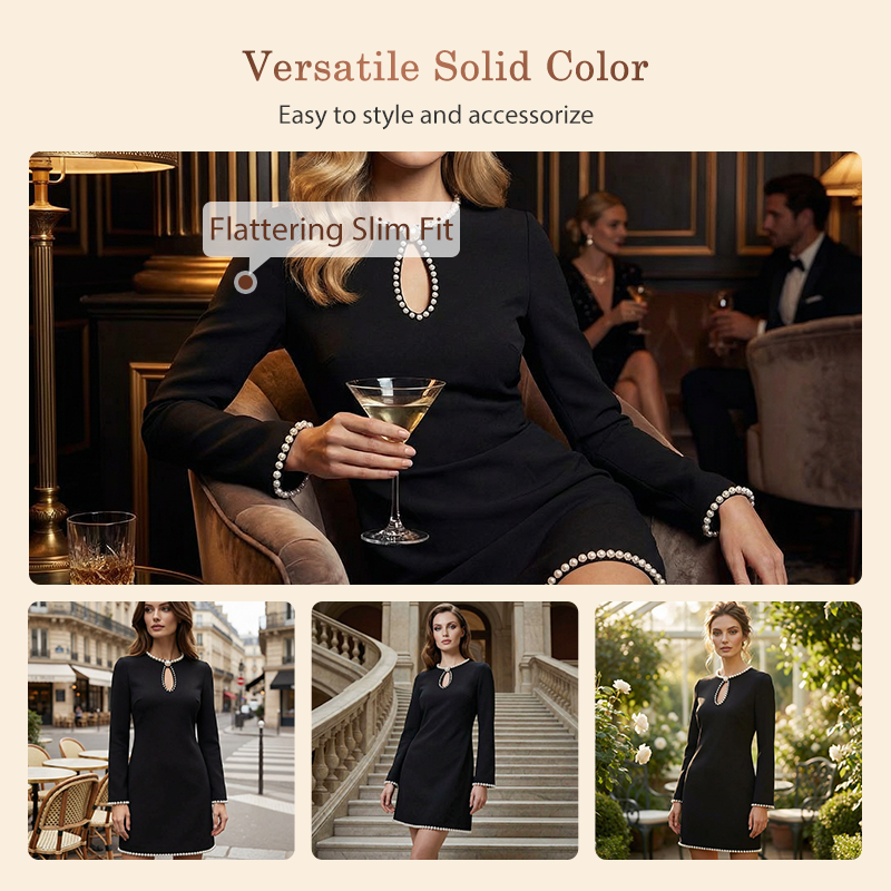 🎉 Neujahrsgeschenk – 50% RABATT!✨ Damen-Etuikleid mit Kunstperlen: Schlüsselloch-Ausschnitt + Glockenärmel – elegant & perfekt für besondere Anlässe