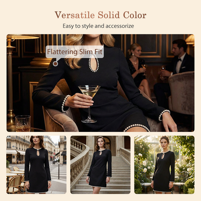 🎉 Neujahrsgeschenk – 50% RABATT!✨ Damen-Etuikleid mit Kunstperlen: Schlüsselloch-Ausschnitt + Glockenärmel – elegant & perfekt für besondere Anlässe