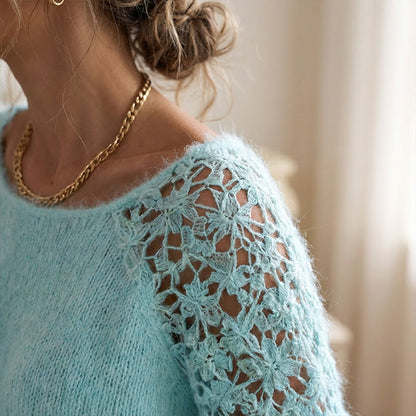 🎉 Neujahrsgeschenk – 50% RABATT! Damen-Strickpullover mit Häkelspitze & Laternenärmeln: Plüschig, schulterfrei & vielseitig