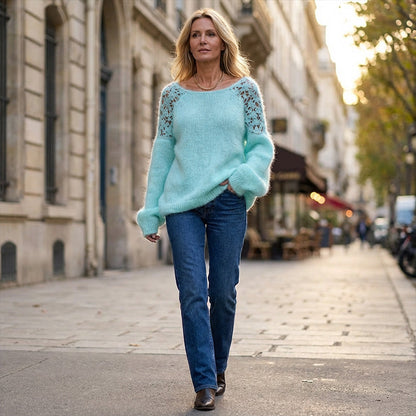 🎉 Neujahrsgeschenk – 50% RABATT! Damen-Strickpullover mit Häkelspitze & Laternenärmeln: Plüschig, schulterfrei & vielseitig