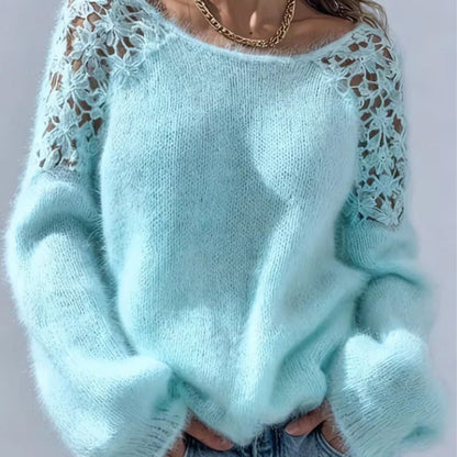 🎉 Neujahrsgeschenk – 50% RABATT! Damen-Strickpullover mit Häkelspitze & Laternenärmeln: Plüschig, schulterfrei & vielseitig