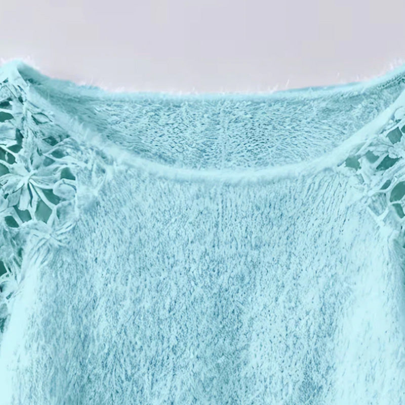 🎉 Neujahrsgeschenk – 50% RABATT! Damen-Strickpullover mit Häkelspitze & Laternenärmeln: Plüschig, schulterfrei & vielseitig