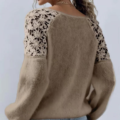 🎉 Neujahrsgeschenk – 50% RABATT! Damen-Strickpullover mit Häkelspitze & Laternenärmeln: Plüschig, schulterfrei & vielseitig