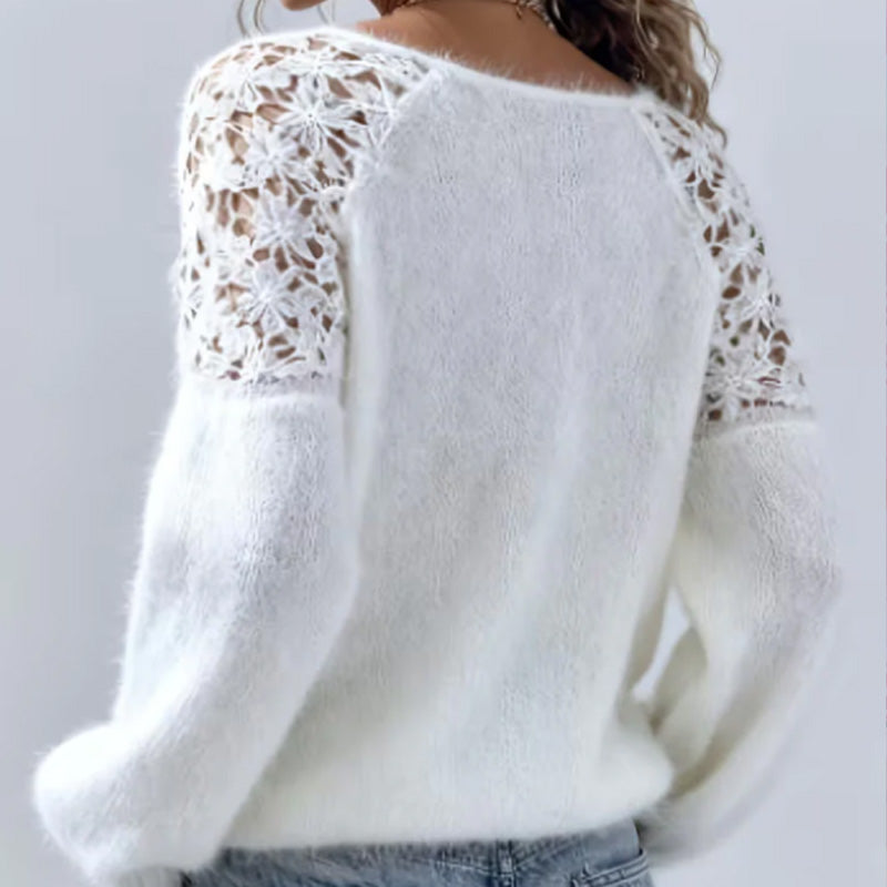 🎉 Neujahrsgeschenk – 50% RABATT! Damen-Strickpullover mit Häkelspitze & Laternenärmeln: Plüschig, schulterfrei & vielseitig