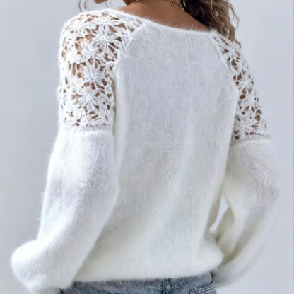 🎉 Neujahrsgeschenk – 50% RABATT! Damen-Strickpullover mit Häkelspitze & Laternenärmeln: Plüschig, schulterfrei & vielseitig