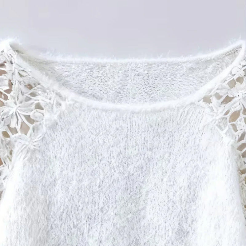 🎉 Neujahrsgeschenk – 50% RABATT! Damen-Strickpullover mit Häkelspitze & Laternenärmeln: Plüschig, schulterfrei & vielseitig
