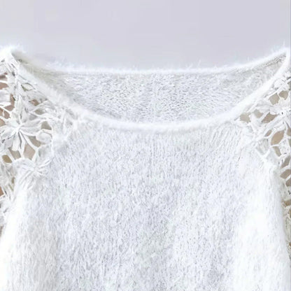 🎉 Neujahrsgeschenk – 50% RABATT! Damen-Strickpullover mit Häkelspitze & Laternenärmeln: Plüschig, schulterfrei & vielseitig