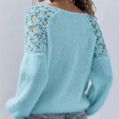 🎉 Neujahrsgeschenk – 50% RABATT! Damen-Strickpullover mit Häkelspitze & Laternenärmeln: Plüschig, schulterfrei & vielseitig