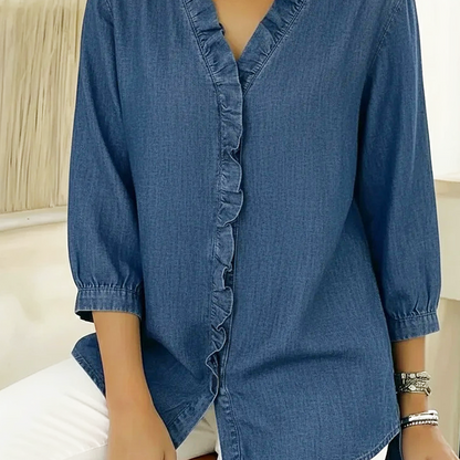 🌞Frühlingserwachen: 50% Rabatt!👕 Damen Freizeitbluse mit Rüschen-V-Ausschnitt & High-Low-Saum: Weich, atmungsaktiv & vielseitig für jeden Anlass