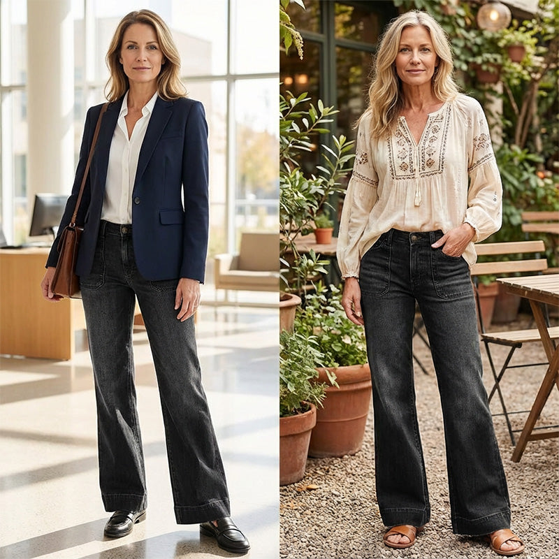 🎉 Neujahrsgeschenk – 50% RABATT!👖Retro Flare Jeans für Damen – Schlankmachender Effekt, Komfort-Stretch & Nützliche Taschen