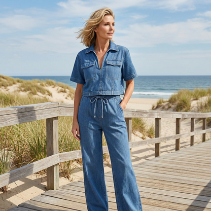 🎉 Neujahrsgeschenk – 50% RABATT!👖 Lässiges Denim-Zweiteiler-Set für Damen: Crop-Top + Weite Hose – bequem & stylisch für jeden Anlass!