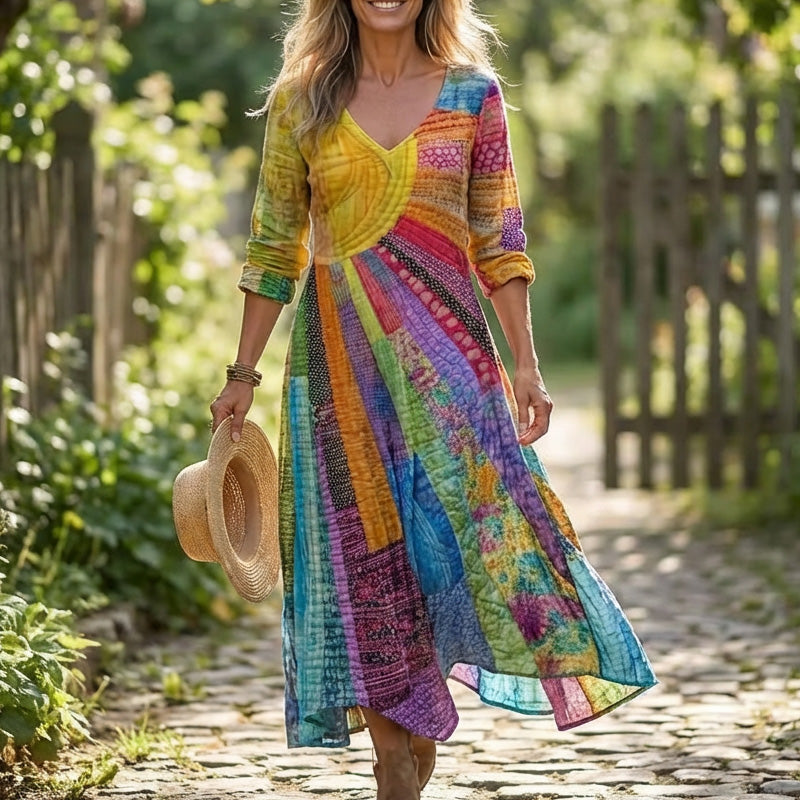 🎉 Neujahrsgeschenk – 50% RABATT!🌈 Damen-Patchwork-Kleid mit V-Ausschnitt: Bunt, bequem & bohemian-stilvoll für jeden Anlass