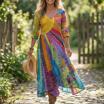 🎉 Neujahrsgeschenk – 50% RABATT!🌈 Damen-Patchwork-Kleid mit V-Ausschnitt: Bunt, bequem & bohemian-stilvoll für jeden Anlass