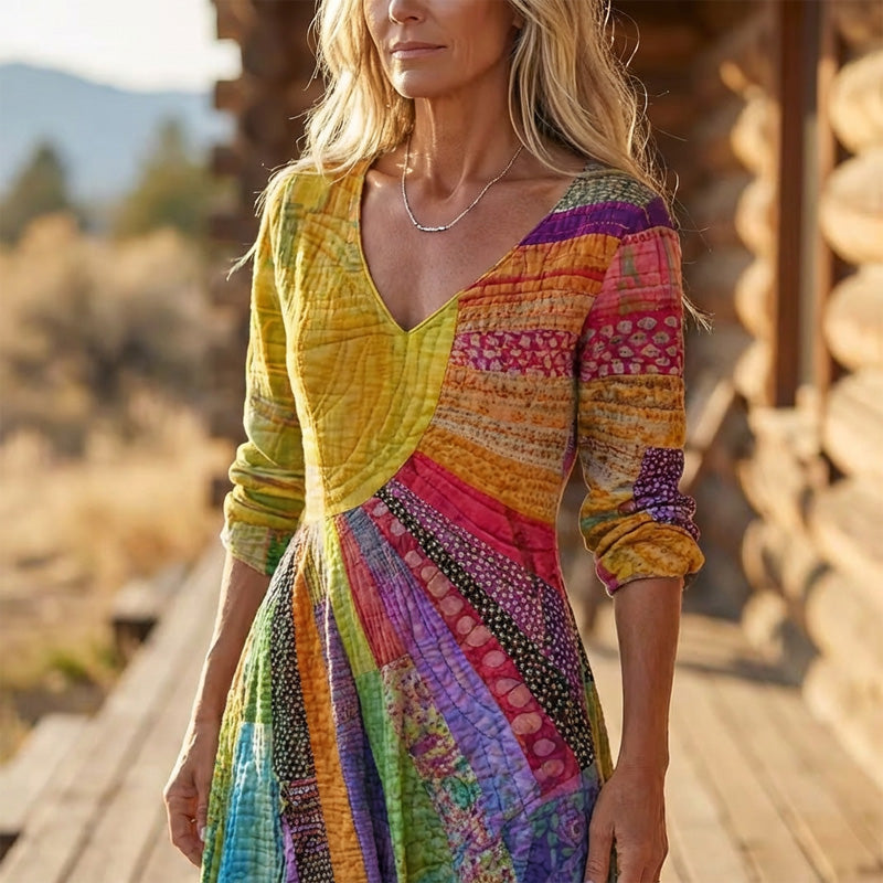 🎉 Neujahrsgeschenk – 50% RABATT!🌈 Damen-Patchwork-Kleid mit V-Ausschnitt: Bunt, bequem & bohemian-stilvoll für jeden Anlass