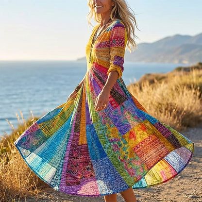 🎉 Neujahrsgeschenk – 50% RABATT!🌈 Damen-Patchwork-Kleid mit V-Ausschnitt: Bunt, bequem & bohemian-stilvoll für jeden Anlass