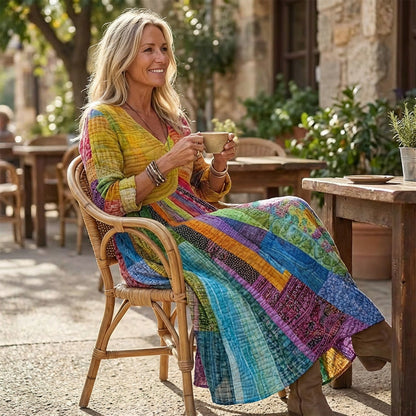 🎉 Neujahrsgeschenk – 50% RABATT!🌈 Damen-Patchwork-Kleid mit V-Ausschnitt: Bunt, bequem & bohemian-stilvoll für jeden Anlass