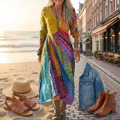 🎉 Neujahrsgeschenk – 50% RABATT!🌈 Damen-Patchwork-Kleid mit V-Ausschnitt: Bunt, bequem & bohemian-stilvoll für jeden Anlass