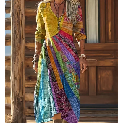 🎉 Neujahrsgeschenk – 50% RABATT!🌈 Damen-Patchwork-Kleid mit V-Ausschnitt: Bunt, bequem & bohemian-stilvoll für jeden Anlass