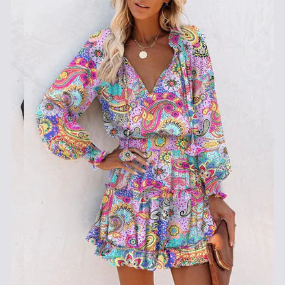 🌞Frühlingserwachen: 50% Rabatt!👗 Damen-Minikleid mit V-Ausschnitt, langen Laternenärmeln & Rüschensaum – Figurbetont, leicht & vielseitig für jeden Anlass