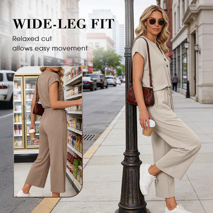 Short Sleeve Top and Wide Leg Pants Outfit
