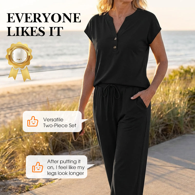 Short Sleeve Top and Wide Leg Pants Outfit
