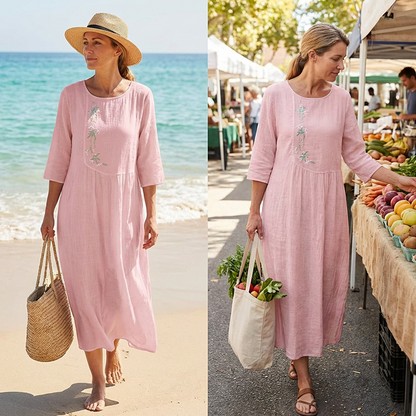 💘 Valentinstagsangebot: 50% Rabatt!🌸 Damen-Casualkleid, locker fallend, Midi-Länge mit Stickerei – Bequem & elegant für den Sommer!