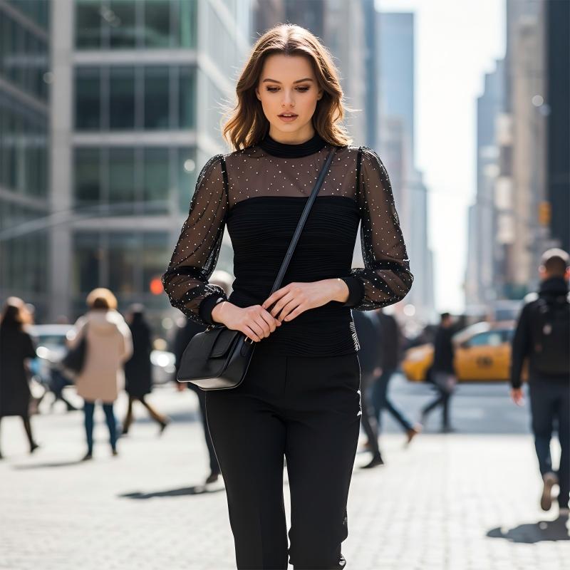 🌞Frühlingserwachen: 50% Rabatt!✨ Damen Langarmshirt mit Perlen & Tüll-Einsatz – Elegant & vielseitig kombinierbar