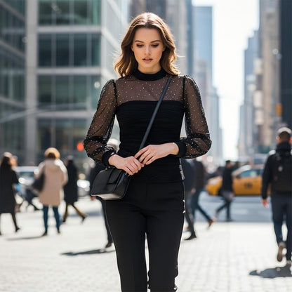 🌞Frühlingserwachen: 50% Rabatt!✨ Damen Langarmshirt mit Perlen & Tüll-Einsatz – Elegant & vielseitig kombinierbar