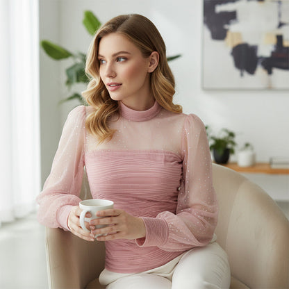 🌞Frühlingserwachen: 50% Rabatt!✨ Damen Langarmshirt mit Perlen & Tüll-Einsatz – Elegant & vielseitig kombinierbar