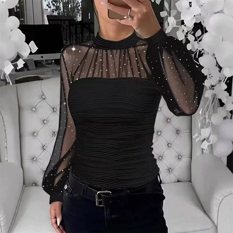 🌞Frühlingserwachen: 50% Rabatt!✨ Damen Langarmshirt mit Perlen & Tüll-Einsatz – Elegant & vielseitig kombinierbar