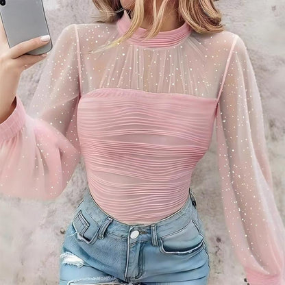 🌞Frühlingserwachen: 50% Rabatt!✨ Damen Langarmshirt mit Perlen & Tüll-Einsatz – Elegant & vielseitig kombinierbar