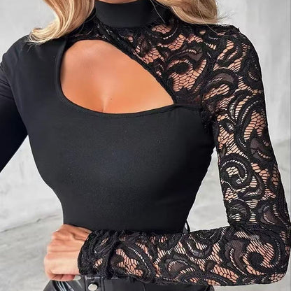 🌞Frühlingserwachen: 50% Rabatt!✨Damen Asymmetrisches Cut-Out Oberteil mit Spitzenärmel – Stehkragen, Figurbetonte Slim Fit & Keyhole-Verschluss