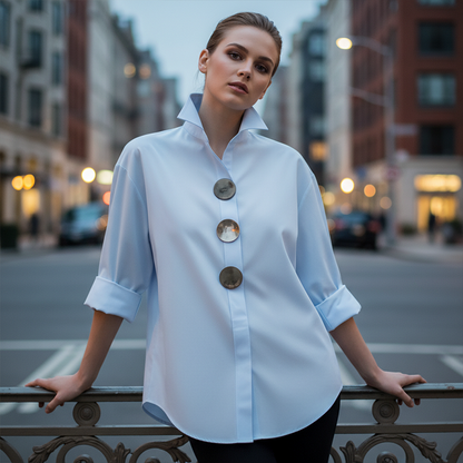 🌞Frühlingserwachen: 50% Rabatt!👚 Damen Oversized Bluse mit großen Metallknöpfen: Stehkragen – Statement-Piece für Büro & Freizeit