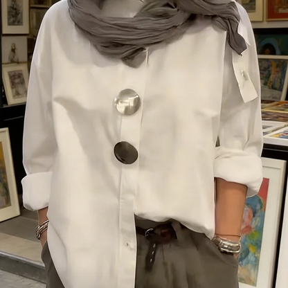 🌞Frühlingserwachen: 50% Rabatt!👚 Damen Oversized Bluse mit großen Metallknöpfen: Stehkragen – Statement-Piece für Büro & Freizeit