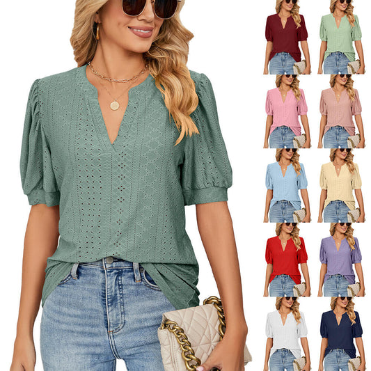 🌞Frühlingserwachen: 50% Rabatt!🎉Sommer-Chic: V-Ausschnitt Top mit Lochstickerei & femininen Puffärmeln
