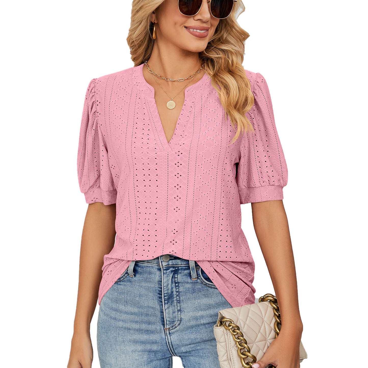 🌞Frühlingserwachen: 50% Rabatt!🎉Sommer-Chic: V-Ausschnitt Top mit Lochstickerei & femininen Puffärmeln