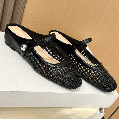 🌞Frühlingserwachen: 50% Rabatt!👡 Damen Gewebte Mary-Jane-Mules mit Quadratspitze – Atmungsaktiv, verstellbarer Riemen & bequemer Schlupfstil