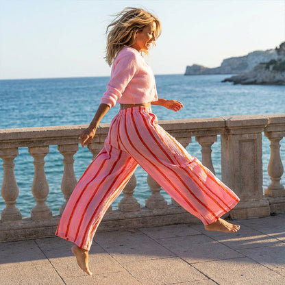 🌞Frühlingserwachen: 50% Rabatt!👖Damenhose für Frühling & Sommer – Weitbein mit vertikalem Streifendesign & elastischem Bund – Luftig leicht & vielseitig kombinierbar