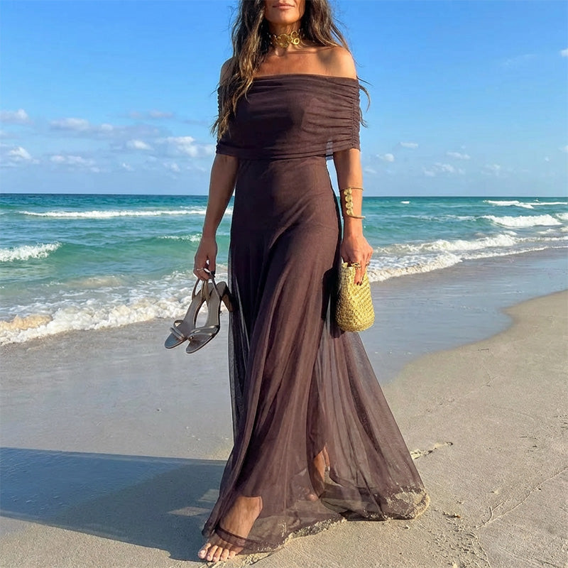 🌞Frühlingserwachen: 50% Rabatt!👗 Elegantes schulterfreies Maxikleid: Durchsichtiger Überrock + Anti-Rutsch-Griff – Verträumt & sicher für Gala & Strand