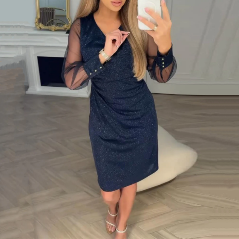 🌞Frühlingserwachen: 50% Rabatt!✨ Damen Glitzer Bodycon-Kleid mit V-Ausschnitt & transparenten Mesh-Ärmeln – Elegant für Cocktails, Hochzeiten & Partys