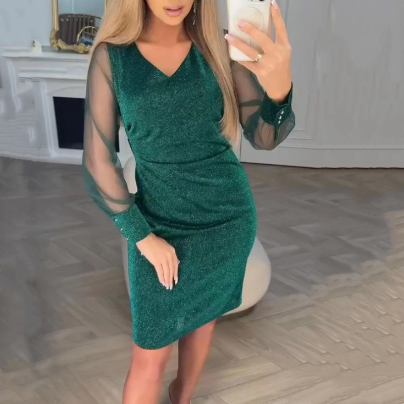 🌞Frühlingserwachen: 50% Rabatt!✨ Damen Glitzer Bodycon-Kleid mit V-Ausschnitt & transparenten Mesh-Ärmeln – Elegant für Cocktails, Hochzeiten & Partys
