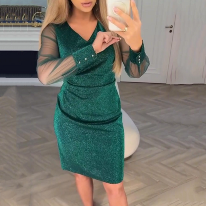 🌞Frühlingserwachen: 50% Rabatt!✨ Damen Glitzer Bodycon-Kleid mit V-Ausschnitt & transparenten Mesh-Ärmeln – Elegant für Cocktails, Hochzeiten & Partys