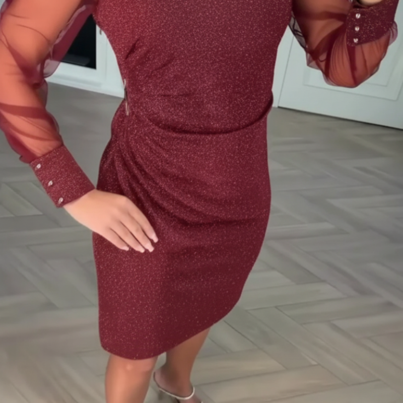 🌞Frühlingserwachen: 50% Rabatt!✨ Damen Glitzer Bodycon-Kleid mit V-Ausschnitt & transparenten Mesh-Ärmeln – Elegant für Cocktails, Hochzeiten & Partys