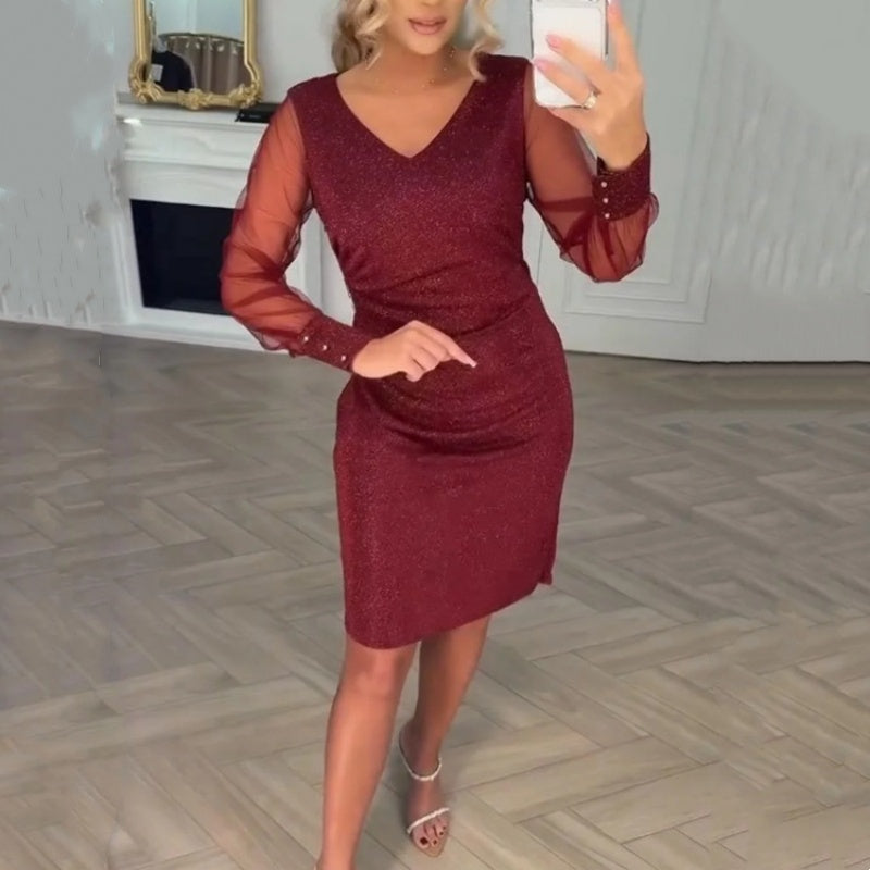 🌞Frühlingserwachen: 50% Rabatt!✨ Damen Glitzer Bodycon-Kleid mit V-Ausschnitt & transparenten Mesh-Ärmeln – Elegant für Cocktails, Hochzeiten & Partys