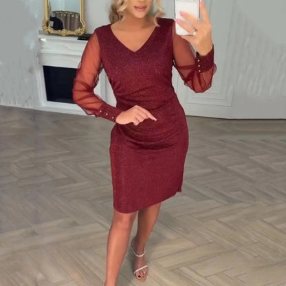 🌞Frühlingserwachen: 50% Rabatt!✨ Damen Glitzer Bodycon-Kleid mit V-Ausschnitt & transparenten Mesh-Ärmeln – Elegant für Cocktails, Hochzeiten & Partys