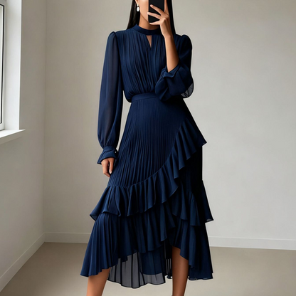 🌞Frühlingserwachen: 50% Rabatt!✨ Damen Plissee-Midikleid mit Volants & Schlüsselloch-Ausschnitt: Transparente Ärmel + taillierte Passform – Elegant für Gala & Abendveranstaltungen
