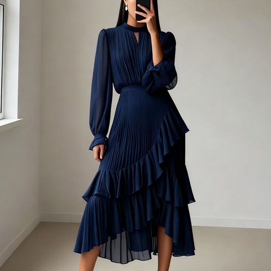 🌞Frühlingserwachen: 50% Rabatt!✨ Damen Plissee-Midikleid mit Volants & Schlüsselloch-Ausschnitt: Transparente Ärmel + taillierte Passform – Elegant für Gala & Abendveranstaltungen