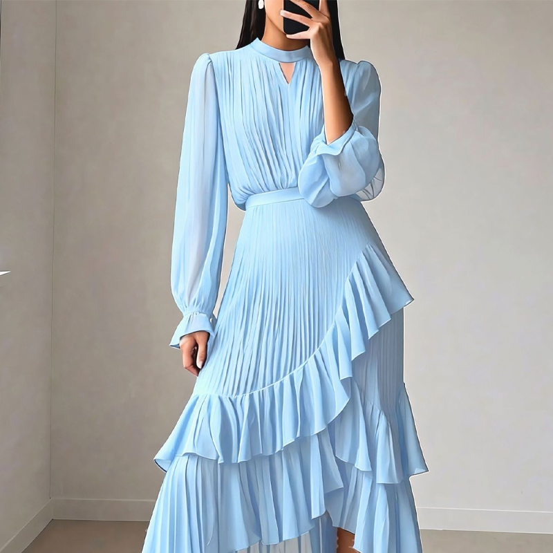 🌞Frühlingserwachen: 50% Rabatt!✨ Damen Plissee-Midikleid mit Volants & Schlüsselloch-Ausschnitt: Transparente Ärmel + taillierte Passform – Elegant für Gala & Abendveranstaltungen