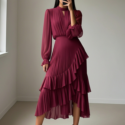 🌞Frühlingserwachen: 50% Rabatt!✨ Damen Plissee-Midikleid mit Volants & Schlüsselloch-Ausschnitt: Transparente Ärmel + taillierte Passform – Elegant für Gala & Abendveranstaltungen