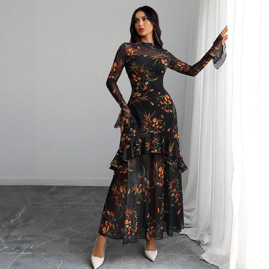 🌞Frühlingserwachen: 50% Rabatt!✨ Damen Maxikleid mit Blumenprint, transparentem Mesh & Rüschensaum – Bodycon-Passform für Gala & Abendveranstaltungen